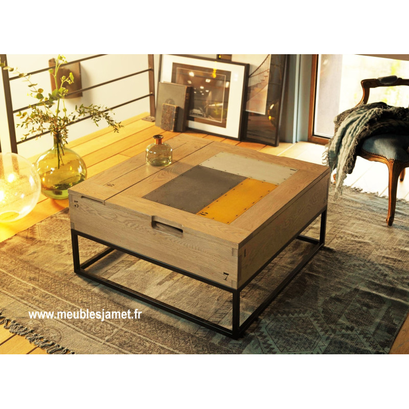 Table basse carrée relevable chêne et métal
