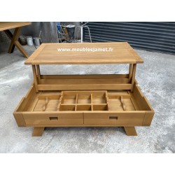 Table basse aménagement bar 1 plateau relevable en chêne BRECEY