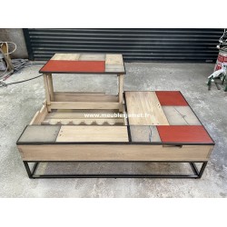 Table Basse deux plateaux relevables Style PATCHWORK de chêne Réf. TREVOU TREGUIGNEC