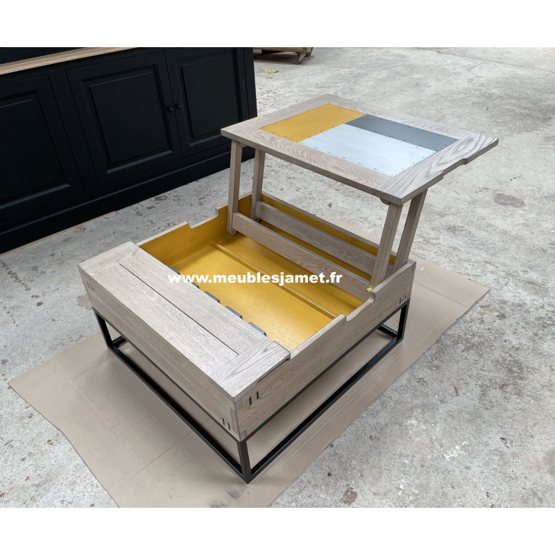 CHERBOURG - Table basse plateau relevable chêne et métal