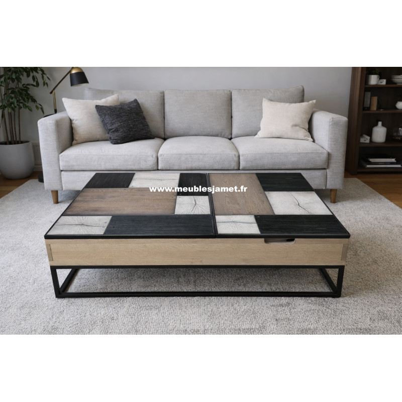 BAUDELLE - Table basse plateau relevable Style PATCHWORK de chêne